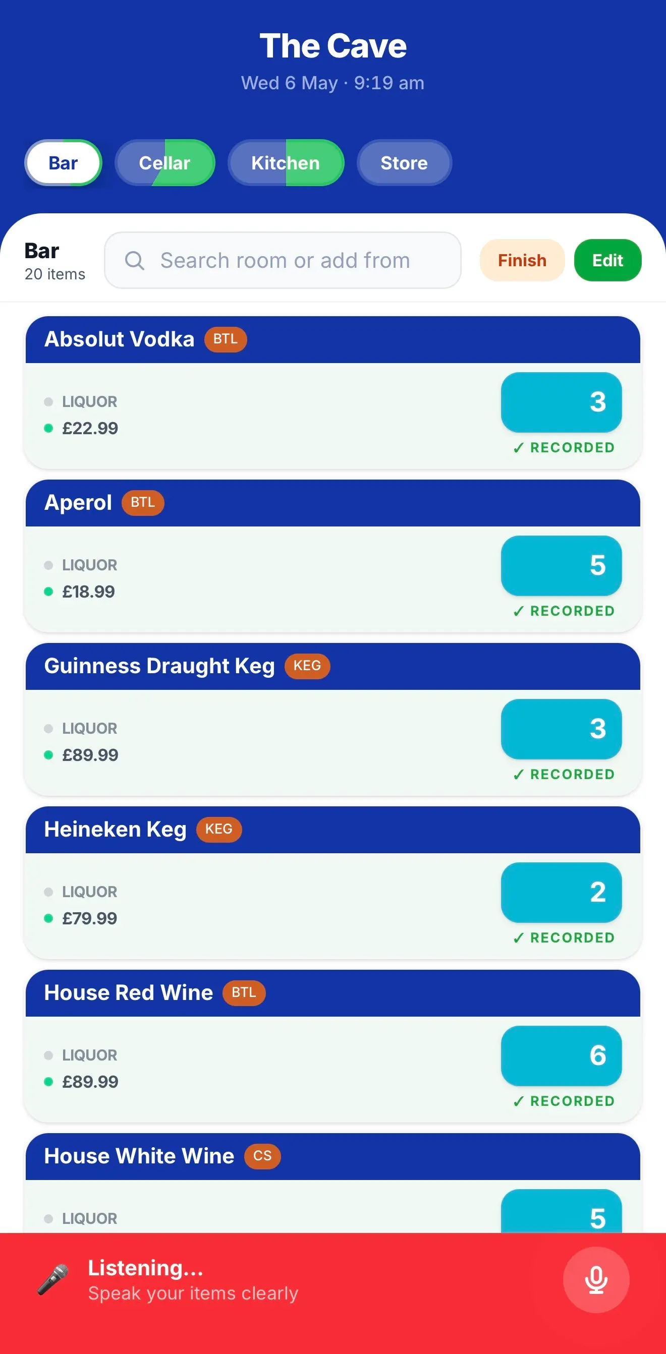 StockMe AI — The Cave bar and kitchen voice count with items counted.